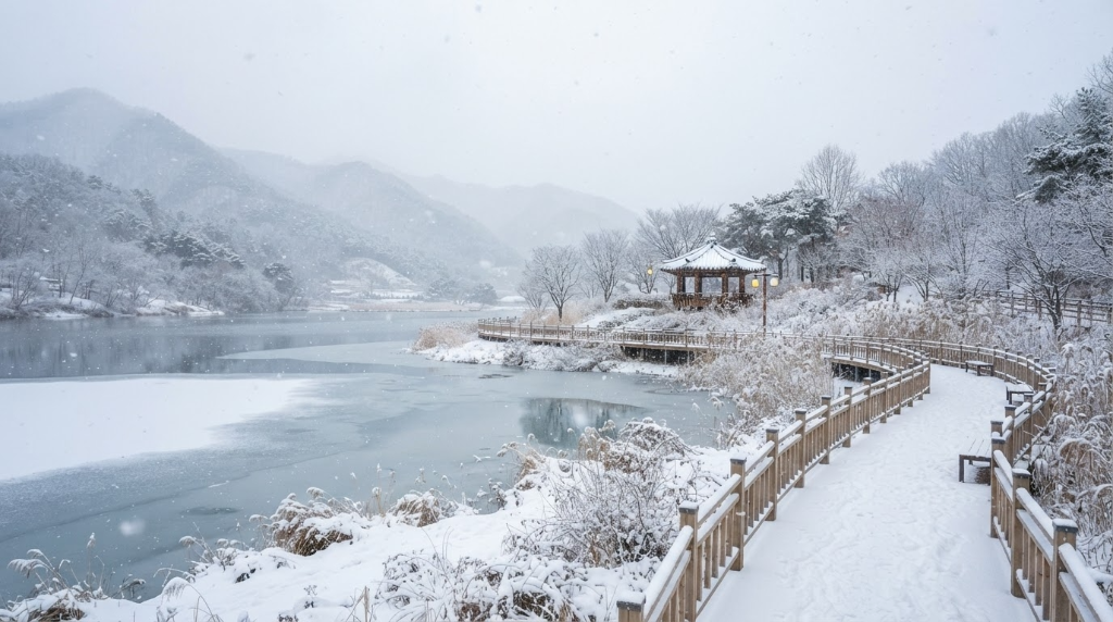 겨울 설경 — 호수와 정자